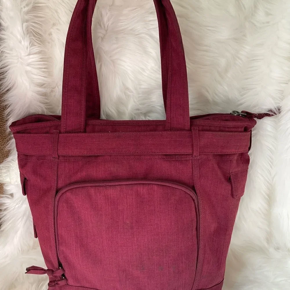 OGIO burgundy canvas large laptop tote with decorative belt fully padded